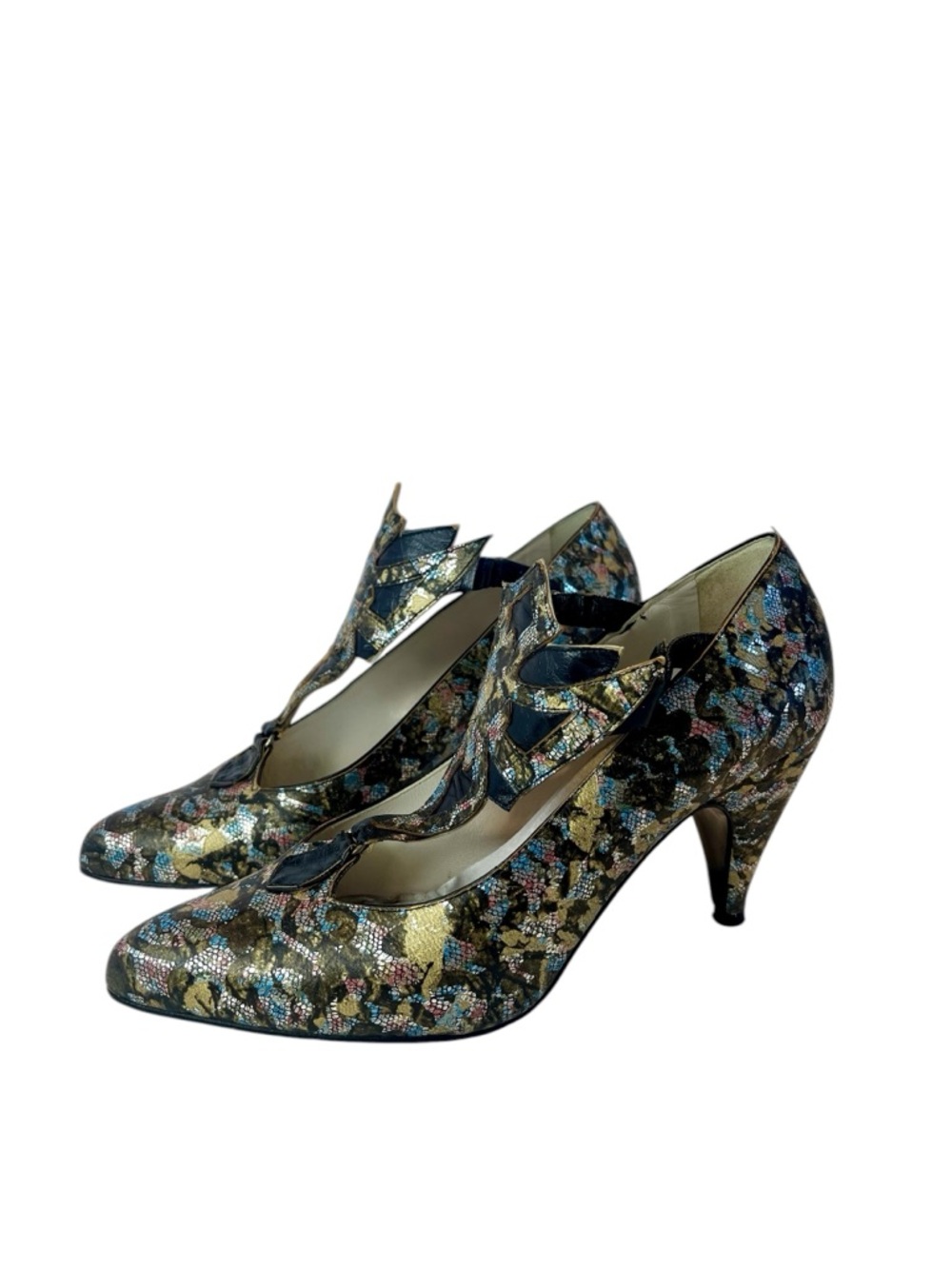 El Vaquero Heels Size 36 US 6 Floral Metallic Leather T Strap Italy